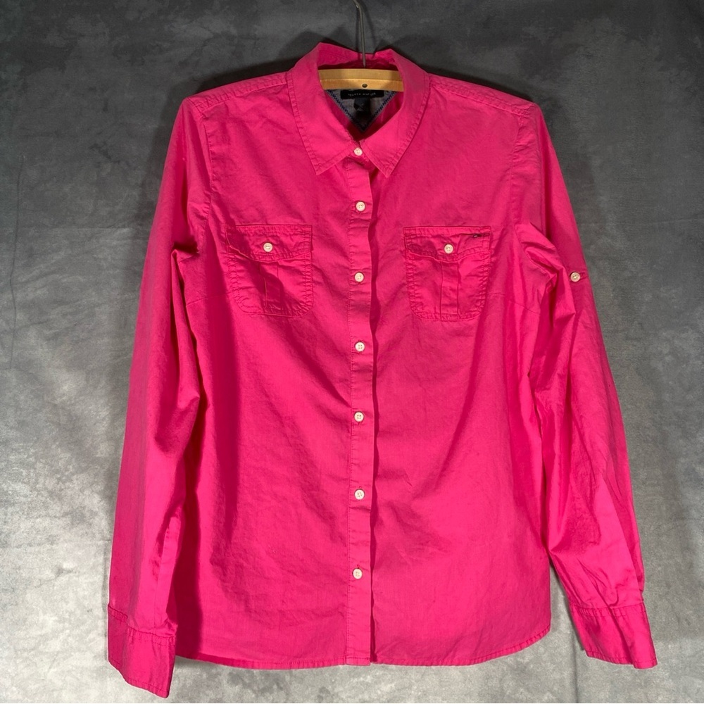 Tommy Hilfiger Women's L Button Down Shirt Tab Sleeve‎ Barbiecore Preppy